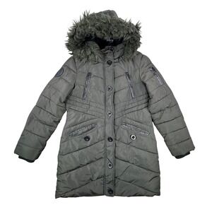 DIESEL‎ Women's Warm Puffer Coat Hooded Faux Fur Trim Olive Green Size 14 EUC